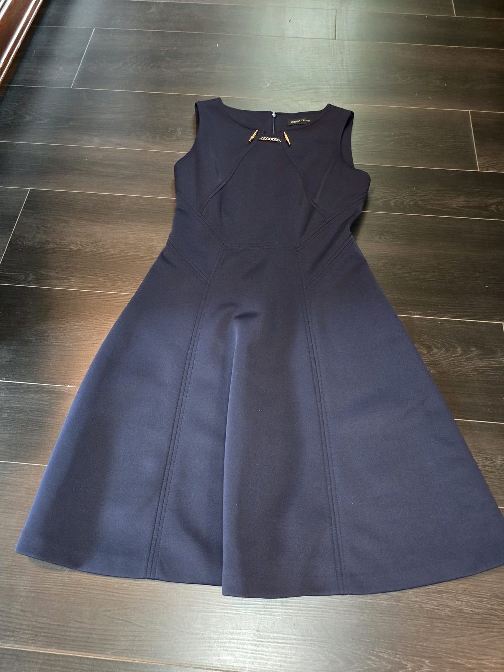 Ivanka Trump Navy Sleeveless A-Line Midi Dress with Gold Accent